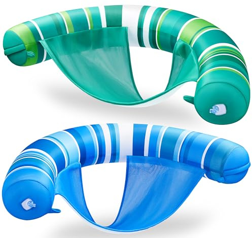 SLOOSH Inflatable Pool Floats Chairs Adults, 2 Packs Floating Noodle Chair with Stripes Design Soft Fabric Covered with Sling for Swimming Pool Water Party Summer Lake,Dark Blue Green