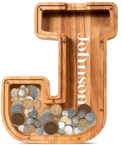 Custom Holz Buchstaben Spardose Kinder|Personalisierte Name|Kreative Sparschwein für Jungen und Mädchen|Adult für Alphabet|Weihnachten|Geburtstag|Dekoration|School Enrolment Gift (J)
