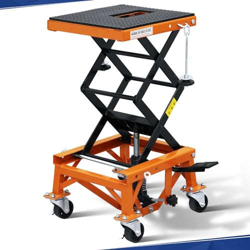 PENSUN Hydraulic Motorcycle Lift Table, 350 LBS Heavy Duty Ultra-Stable Motorcycle Scissor Jack Stand Fit for Motorcycle Dirt Bike ATV, with Wide Deck, J-Hooks, 4 Wheels