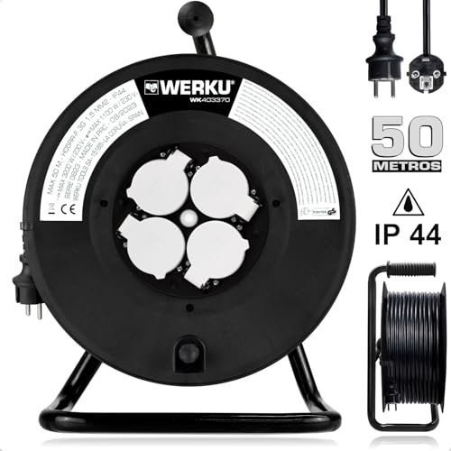 Werku WK403370, Enrollacables Alargador, Calidad Profesional, 50 Metros, Max 3200 W, Protección IP44, 4 Tomas, Cable H05RR-F 3G 1.5 MM/2, Protección Contra Sobrecalentamiento