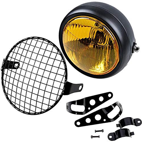 ELTOX Phare Moto,Phare Led Moto Rétro Vintage Moto-Vintage Mount Universal Side Mount 35W 6,5 pouces Phare ambre avec grille + support de support