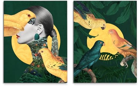 STYLER Leinwandbilder Set Valeria 2x 32x42 cm (AUFHÄNGFERTIG) - Frau und Papageien in kräftigen Farben - Wohnzimmer- und Schlafzimmerdekoration - Hochformat