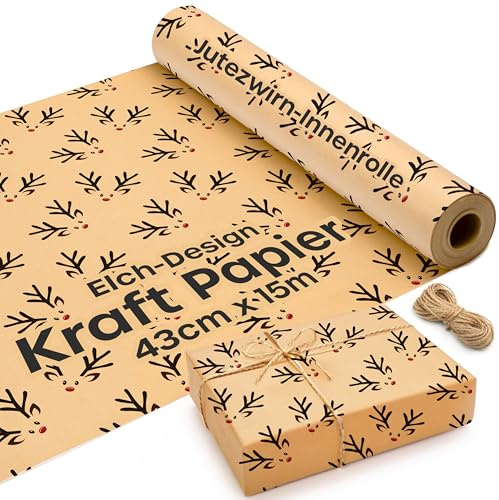 Recyclable Brown Wrapping Paper with Twine 430mm x 15m, Elk ECO Kraft Wrapping Paper for Parcel Paper, Gift Wrapping, Arts & Crafts Paper Roll