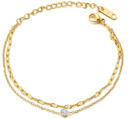 KIM JOHANSON® Edelstahl Damen Armband *Giulia* in Silber, Gold & Roségold | Multi Layer Armkette mit einem Zirkonia | Wasserfest | Boho Schmuck für Frauen | Verstellbare Länge | Inkl. Schmuckbeutel