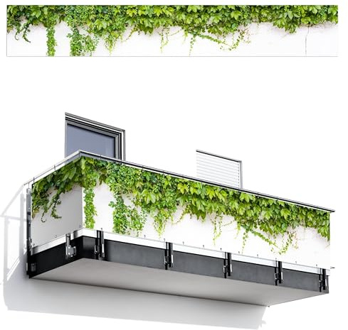 MuchoWow© Balkon Sichtschutz Einseitig 75x500 cm Groß Terrassen Gartenzaun Balkonfächer ohne Bohren Wetterfest für Zaun Terrasse Balkonbespannung Seitenschutz Pflanzen - Weiß - Steinoptik - Grün