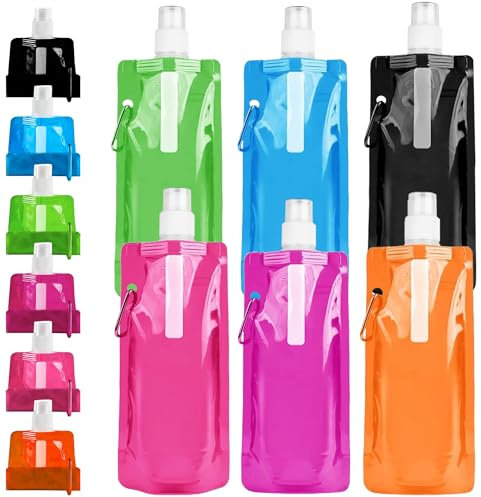 RUAVOEY Borraccia Pieghevole, Borraccia Pieghevole da 480 ML, Borraccia Riutilizzabile Senza BPA, Borsa per Acqua Pieghevole con Clip, Viaggio, Bicicletta, Escursionismo, Viaggio, Campeggio (6 Pezzi)