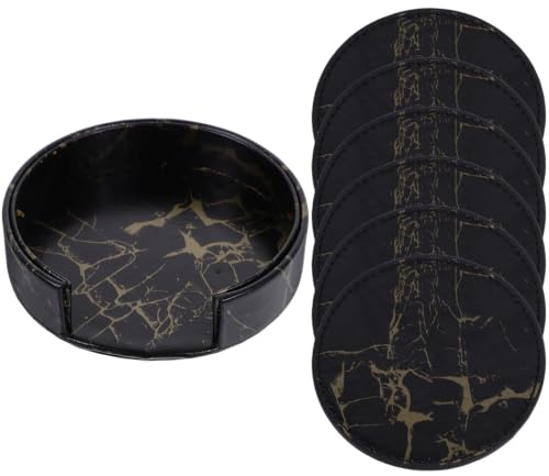 ULTECHNOVO Set de 6 Posavasos para Bebidas PU con Soporte 10 cm | Posavasos de Café Redondos con Diseño Mármol Negro para Mesa Comedor Salón Bar y Oficina