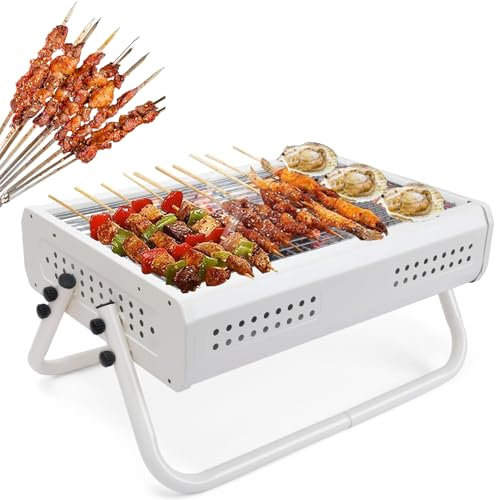 Tragbarer Holzkohlegrill auf dem Tisch, Holzkohle-BBQ-Grill mit Griff, Campinggrill aus Edelstahl, 43 x 29 cm großer Grillrost, Barbecue-Grill für 2–4 Personen, Outdoor-Hinterhof-Tailgating white