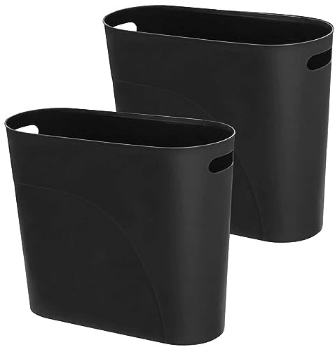 LOSYHU 2 Pack 12L Slim Bathroom Bins Black Plastic Slim Trash Can Plastic Garbage Container Bin with Handles Slim Waste Basket for Bedroom Bathroom Kitchen Office