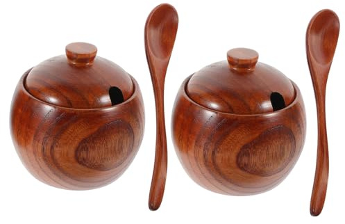 SHOWERORO 2piezas Recipientes De Especias De Madera Natural Con y Cucharas Organizador De Condimentos Para Cocina Vintage y Funcionalidad Práctica