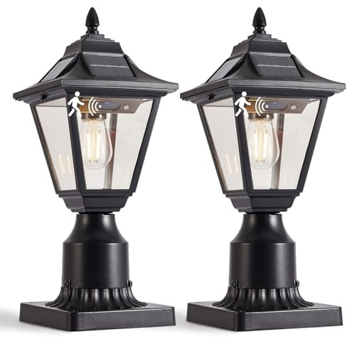 DARIISI 2 Pack Solar Post Lights, Motion Sensor Solar Lamp Post Lights with Pier Mount Base, Outdoor Waterproof Post Lantern for Yard Garden Pole Pillar