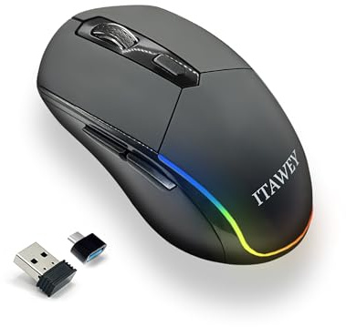 ITAWEY Kabellose Maus, Tri-Modus (2 x Bluetooth 5.2 & 1 x USB 2.4G), Wiederaufladbare Funkmaus mit LED, Mehrfarbig und USB Kabelkonverter, 6 Tasten, leise Klicks, 3200 DPI Präzision, PC Laptop Tablet