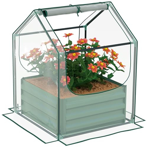 Outsunny Hochbeet mit Mini Gewächshaus, Outdoor Metall Pflanzkasten mit Abdeckung, für Kräuter und Gemüse, Verwendung für Terrasse, Garten, Balkon, Klar und Grün