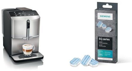 SIEMENS Pack machine à café à grain EQ300 gris métallique (TF303E07) et 2 en 1 Pastilles détartrage et nettoyant TZ80002N