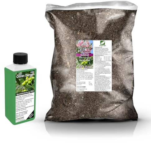 Umtopf - Set für Olivenbäume (Olea) - bestehend aus 10 Liter Spezial - Substrat und darauf abgestimmten Flüssigdünger NPK Volldünger (für Olivenbaum)