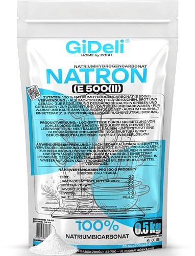 GiDeli Bikarbonat Livsmedelskvalitet 500g - Rent natriumbikarbonat utan tillsatser - Idealisk för matlagning, bakning, tvätt och städning - Mångsidig användning i hemmet