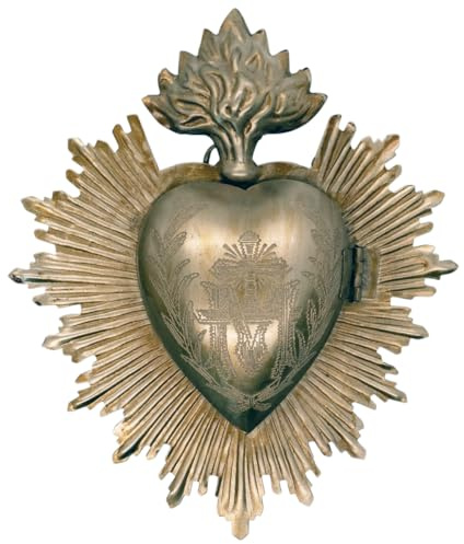 Metal Milagros Heart Wall Ornament | 5 Tall | Mexican Inspired Folk Art Religious Wall Decor | Gold-Tone | Immaculate Heart of Mary Symbol | Catholic Home Decoration (Gunmetal Gold-Tone)