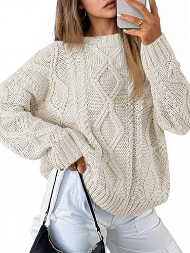 Saodimallsu Strickpullover Damen Oversized Grobstrick Zopfstrick Pullover Rundhals Langarm Einfarbig Oberteile Elegant Cable Knit Pulli Casual Lose Winter Sweatshirt Beige S