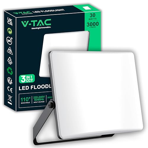 V-TAC Faro LED da Esterno 30W - [Chip Samsung + Tecnologia RLE + Innovativa Copertura in Policarbonato] - Alta Luminosità: 3000 Lumen - IP65 - Faretto LED per Casa, Garage, Magazzino - Luce CCT 3 IN 1