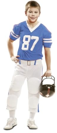 My Other Me - Costume giocatore rugby bambino, taglia 10-12 anni. Include maglietta blu con numero 87, cintura e pantaloni bianchi con liste blu e protettivi. Ideale per piccoli sportivi.