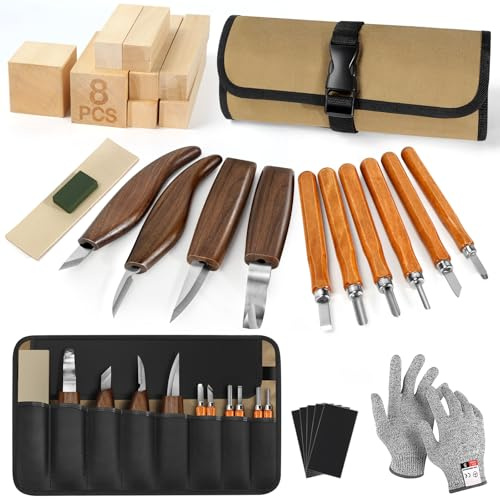 7CDXD 32Pcs Kit Sculpture Bois Avec éTui En Cuir,Couteau Sculpture, Couteaux à Bois Et Blocs De Tilleul, Pour Adultes, Enfants, DéButants Et Amateurs De Bricolage