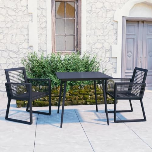 Qnhdfrt Garten Essgruppe Set 3 Teile Schwarz mit Glasplatte PVC Rattan und Stahl Gestell für Balkon Terrasse Garten