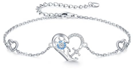 OHAYOO Ankare armband 925 sterlingsilver ankare vristlänk hjärta roder armband fotkedja maritimer smycke present för kvinnor kvinnor, Eine Grösse, Sterlingsilver, Ingen ädelsten