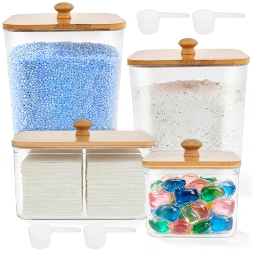 JUNFEIFLUX Transparente Waschmitte Aufbewahrungsbox mit Deckel & Löffel(4) | Ideal für Wäsche-Pods, Waschpulver, Wäscheperlen und Farbfangtücher. Der Behälter schafft Ordnung in der Waschküche.