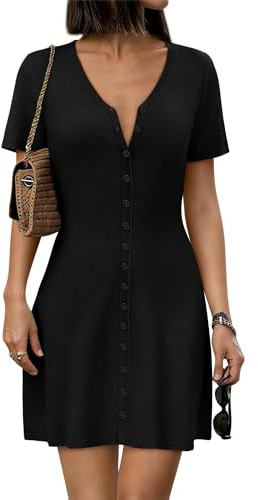 COCCKO Womens Mini Dress Sexy Deep V Neck A-Line Front Button Up Short Sleeve Knit Summer Dresses Cute Casual Black