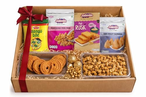 Jaimin Indian Snack Gift Hamper, Makhana Peri Peri, Suji Rusk, Dry Fruit Samosa, Nango Bite, Chakri, Cashews Premium Assorted Indian Snacks Gift Box for Festivals, Celebrations & Parties