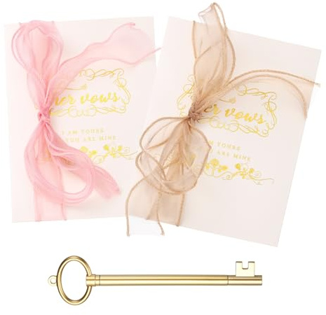 YOKIVE Wedding Day Vow Card Set, (7.87 x 5.51-Inch, Gold/Pink), Vow Card with Key Shape Pen for Her & Him Ribbon Version C, Gold Foil, Great Gift for Bride Groom Bridal Wedding
