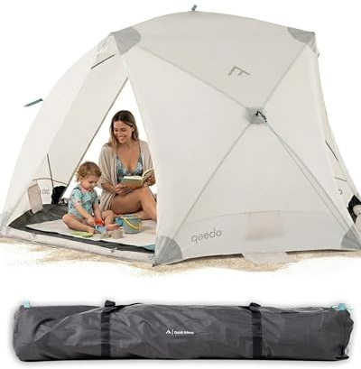 qeedo Quick Island Strandmuschel - große Quick-Up Strandmuschel mit 3 Eingängen, Sichtschutz & Windschutz - inklusive Boden, Sandanker, Heringe und Tragetasche
