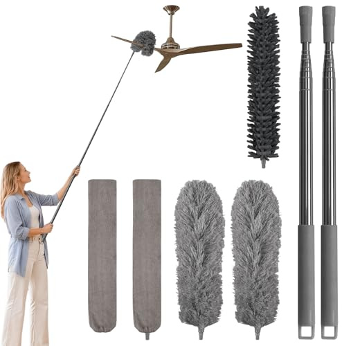 marysgift Feather Duster,Telescopic Dusters for Cleaning Extendable,7 Pcs Bendable Washable Chenille Duster Up to 98.4 in,Long Flat Dusters for Fan High Ceiling Furniture (Grey)