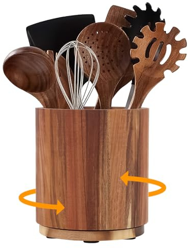STOBBEY Wooden Utensil Holder, 360° Rotating Utensil Organizer for Kitchen | Anti Slip Cutlery Rack, Large Utensil Crock Utensil Box for Spoons, Knives, Forks, Cooking Tools 16.7*15*15cm