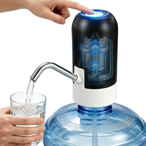 KaiPine Water Bottle Pump, USB Rechargeable, Fits 2-5 Gallon Bottles | One-touch dispensing, USB rechargeable and portable, with a removable stainless steel spout for home, office or camping.