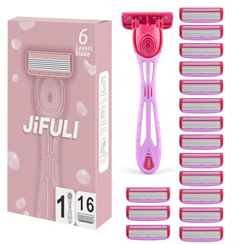 JiFULI Rakapparat kvinnor, återanvändbart handtag, 16 original reservpatroner med 6 blad, rakapparat damer intimt område intim kvinna intim zon (lila)