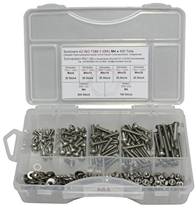 Sortiment ISO 7380-1 Edelstahl A2 Durchmeser M4, 400 Teile ; Flachrundkopfschrauben, Muttern DIN 934, Unterlegscheiben DIN 125, Material: VA V2A