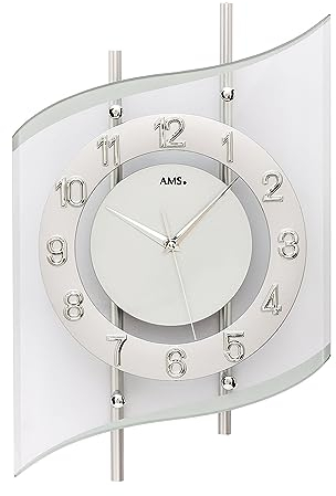 AMS. Funk-Wanduhr 5506, modern, Silber, geschwungenes Mineralglas, Metallgehäuse, für Wohnzimmer, Schlafzimmer