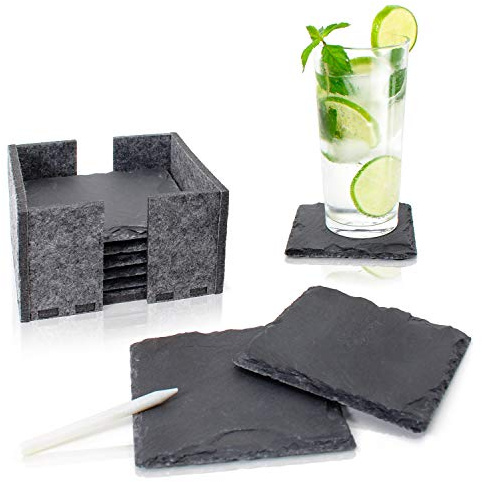 Amazy Schiefer Untersetzer Set (8 Stück) inkl. Kreidestift – Dekorative Glasuntersetzer aus 100% Natur Schieferplatten mit praktischem Halter aus Filz – Tolle Geschenkidee (eckig | 10x10 cm)