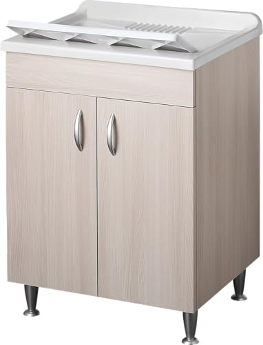 Negrari Eco Lavatoio Montato 60x50 L60 P50 H85 CM Colore Olmo Interno Lavanderia Mobile Nobilitato Idrofugo Legno Vasca Asse Plastica Piedini Regolabili Ante Battenti Economico Qualità Medio Alta