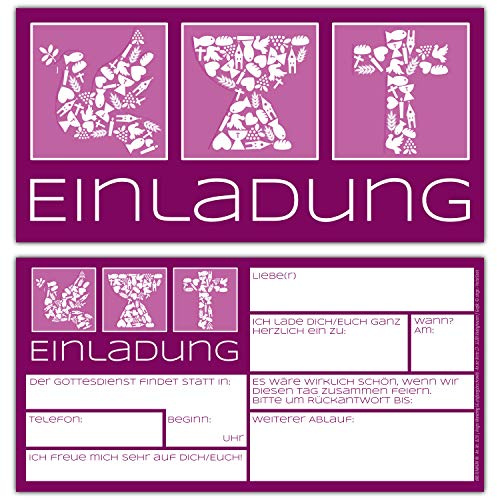 15er Set Einladungskarten SYMBOLE zur Kommunion Konfirmation Taufe - edle Einladungen in Purpur zum Ausfüllen für Mädchen & Jungen von BREITENWERK