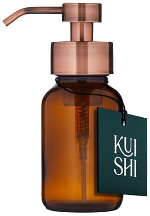Dispensador de jabón líquido en Espuma de Vidrio ámbar Kuishi con Bomba de Bronce, Botella de jabón Reciclado de 250 ml, Recipiente de Vidrio ámbar con protección UV, Bomba de Bronce sin BPA