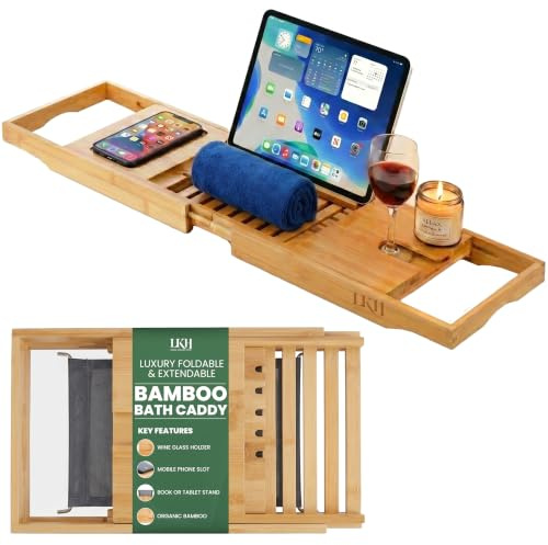 LKH Bamboo Bath Tray Caddy Wooden Bath Shelf Across Bath Tub Bathroom Tray | Water-Resistant Bamboo Bath Caddy Tray for Books, Candles, Glasses & Bathroom Accessories Across Most Bathtubs