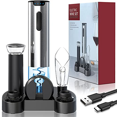 Electric Wine Opener with Charging Base, 7 in 1 Cordless Automatic Corkscrew Kit, Rechargeable Bottle Opener Gift Set with Foil Cutter, Aerator & Pourer, Vacuum Pump and 2 Stoppers