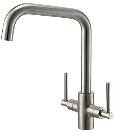 Brushed Steel Kitchen Tap Peppermint Dual Lever Kitchen Mixer Taps 1 Hole Brushed Nickel Sink Taps Mixer Monobloc Square Taps for Sinks Traditional