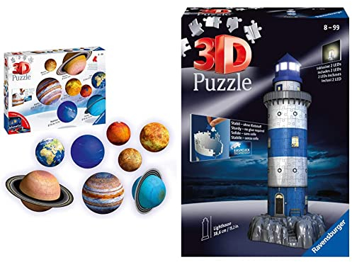 Ravensburger 3D Puzzle 11668 - Planetensystem für Kinder ab 7 Jahren - 8 Puzzleball-Planeten als Sonnensystem Modell mit Poster & 3D Puzzle 12577 - Leuchtturm bei Nacht - 216 Teile