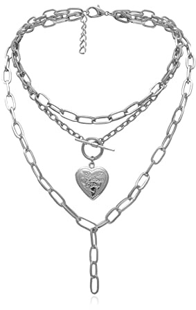 Yifnny Herz Medaillon Geschichtet Halskette, Coole Punk Klobige Kette Statement Halskette Herzförmiges Foto Medaillon Anhänger Geschichtet Herz Medaillon Halskette für Frauen (Silber)