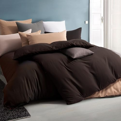 Soifox Juego de ropa de cama de 135 x 200 cm, 4 piezas, color marrón, de invierno, de microfibra, no necesita planchado, no se arruga, juego de 2 fundas de almohada de 80 x 80 cm con cremallera