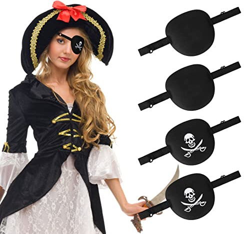 AOMIG Benda Occhio, 4 Pezzi Bende per Occhi di Correzione con 2 Teschio Benda Sull'occhio Pirata e 2 Nero Benda Sull'occhio, 3D Bende per Occhi dei Pirati, per Bambini Adulti Occhio Pigro Ambliopia