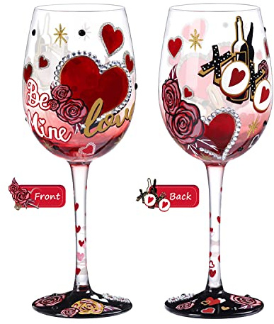 NymphFable Bunte Weingläser Rose Blume Personalisiertes Handgemalt Weinglas Geburtstagsgeschenk für Sie, Jahrestag Hochzeit Geschenk, 15oz